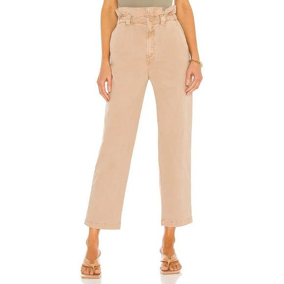 MOTHER The Yoyo Ruffle Greaser Ankle Pants 27 Elastic Paperbag Waist Tan NWD